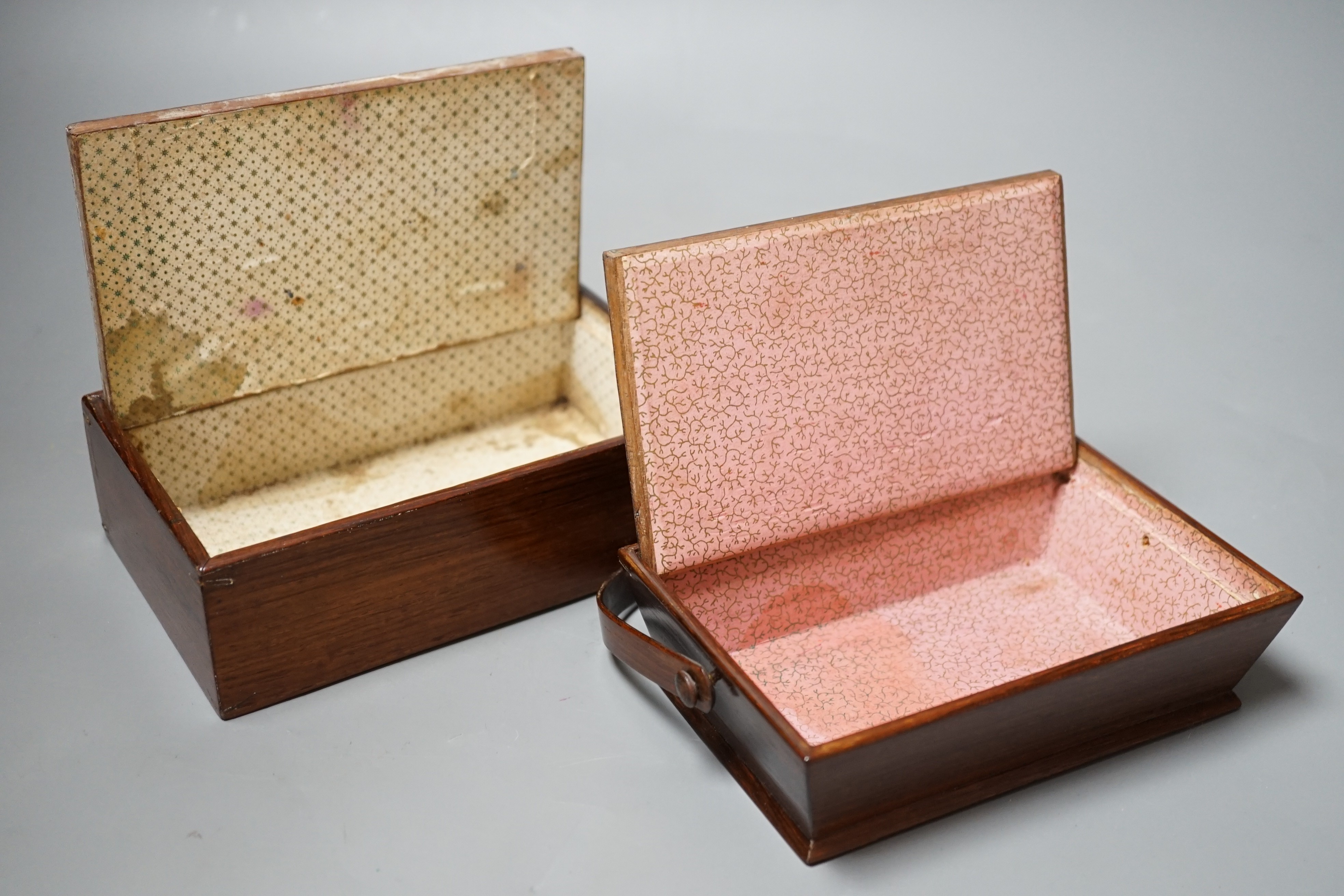 A Tunbridge ware rosewood sewing basket with bone handle and a similar small box, late 19th century, widest 17cm